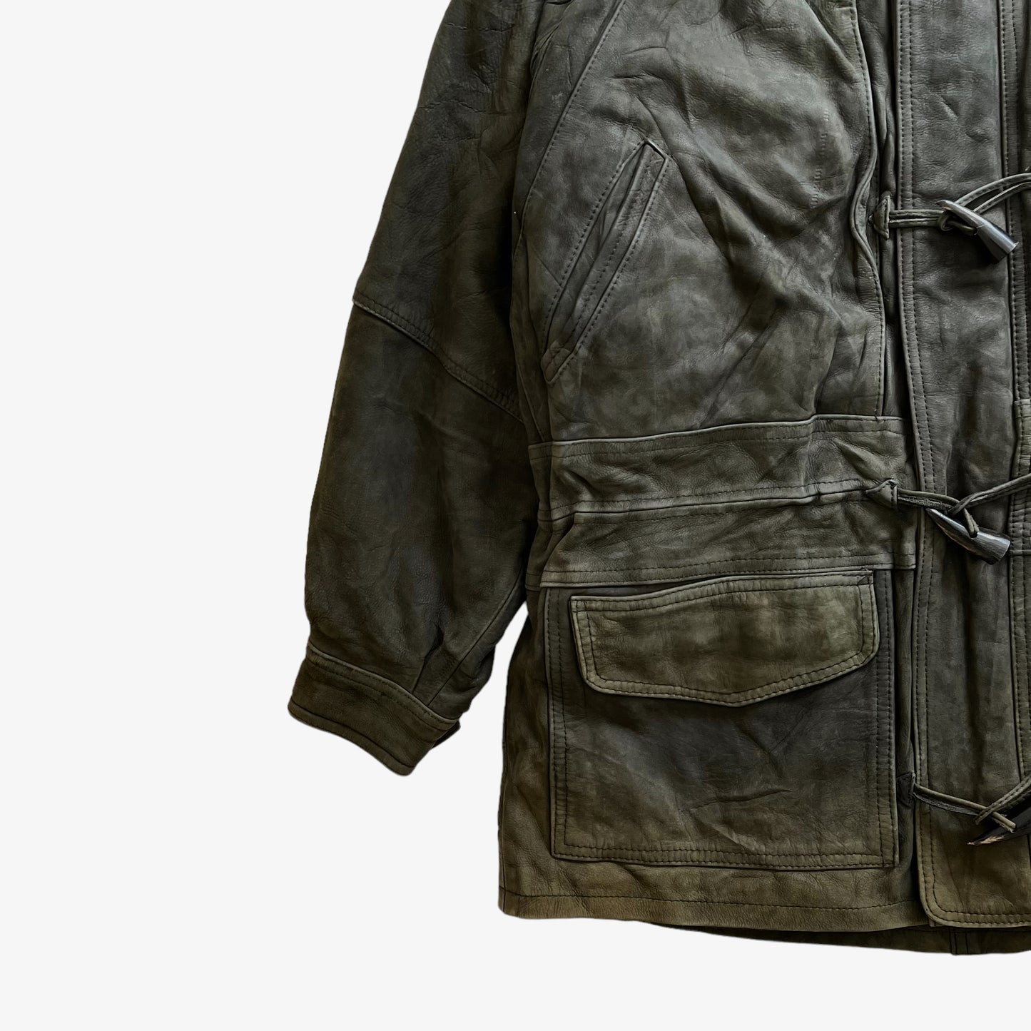 Vintage 90s Mens Redskins Green Leather Jacket With Toggle Fasteners Wear - Casspios Dream