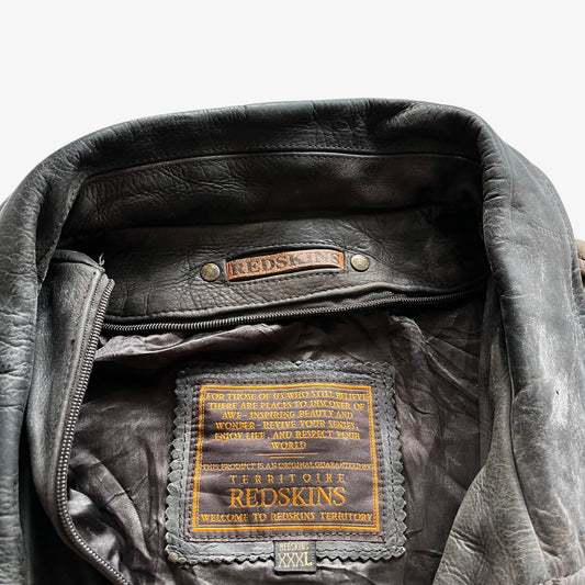 Vintage 90s Mens Redskins Territoire Brown Leather Jacket With Contrasting Collar Label - Casspios Dream