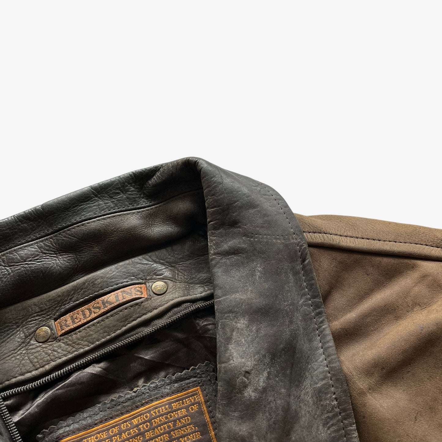 Vintage 90s Mens Redskins Territoire Brown Leather Jacket With Contrasting Collar Wear - Casspios Dream