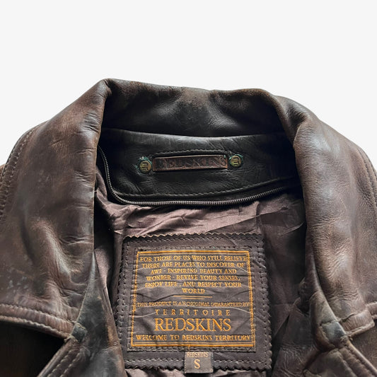 Vintage 90s Mens Redskins Territoire Dark Brown Leather Pilot Jacket Label - Casspios Dream