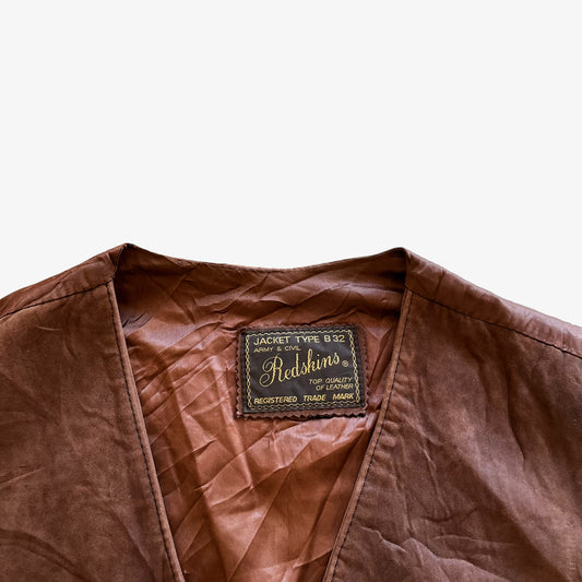 Vintage 90s Mens Redskins Type B32 Brown Leather Vest Label - Casspios Dream