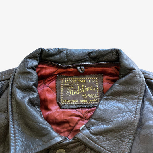 Vintage 90s Mens Redskins Type B32 Dark Brown Leather Pilot Jacket With Green Leather Stripe Label - Casspios Dream