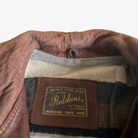 Vintage 90s Mens Redskins Type B32 Leather Jacket With Front Spell Out Label - Casspios Dream