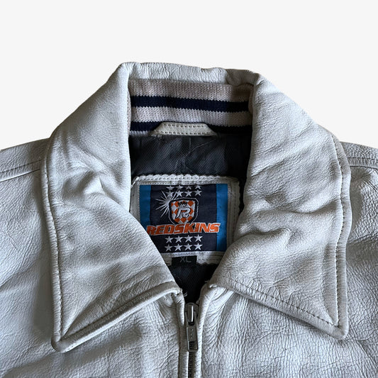 Vintage 90s Mens Redskins White Leather Varsity Jacket Label - Casspios Dream
