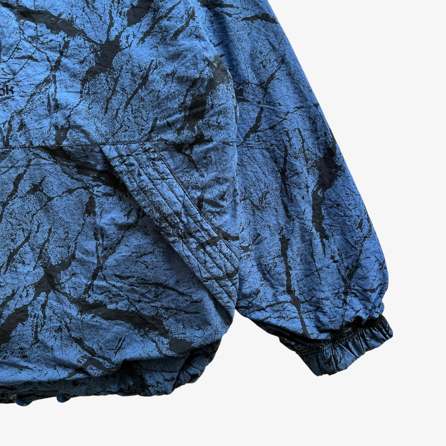 Vintage 90s Mens Reebok Blue Quarter Zip Pullover With Back Abstract Graphic Print Sleeve - Casspios Dream