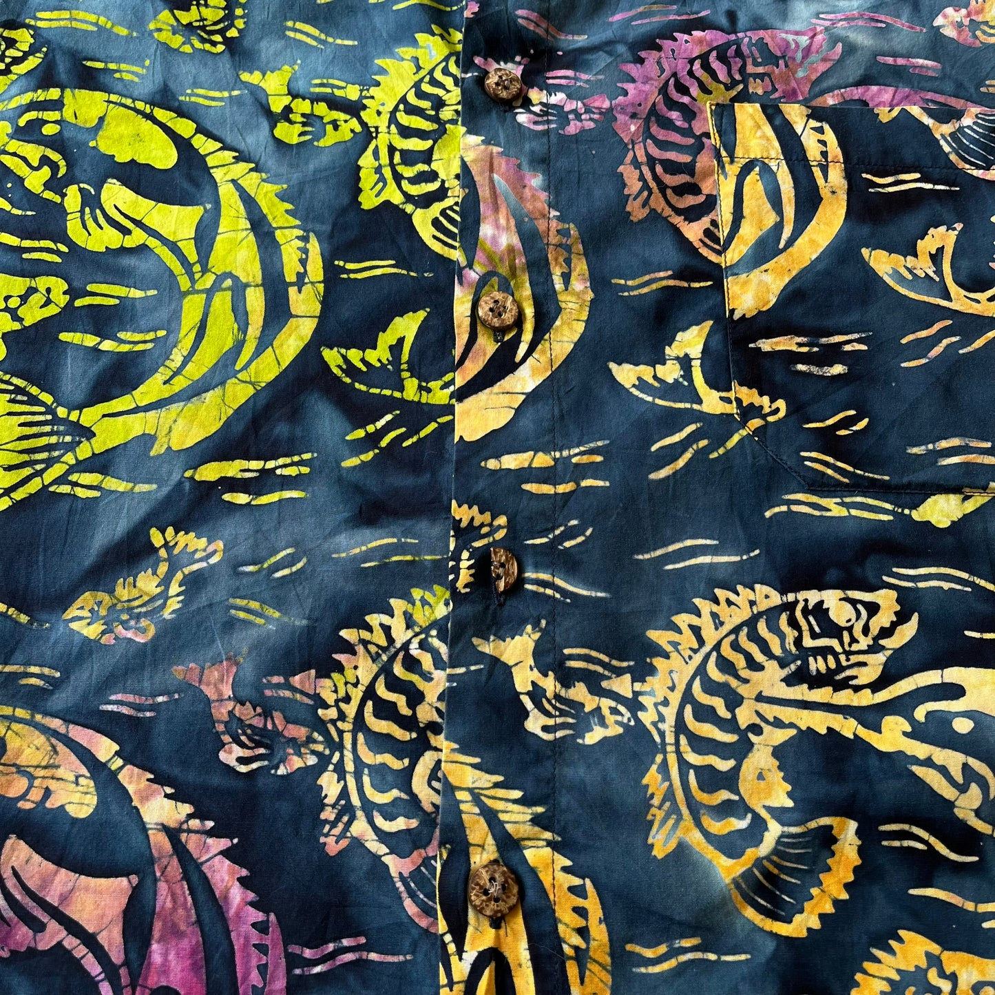 Vintage 90s Mens Roundtree & Yorke Fish Tie Dye Print Short Sleeve Shirt Button - Casspios Dream