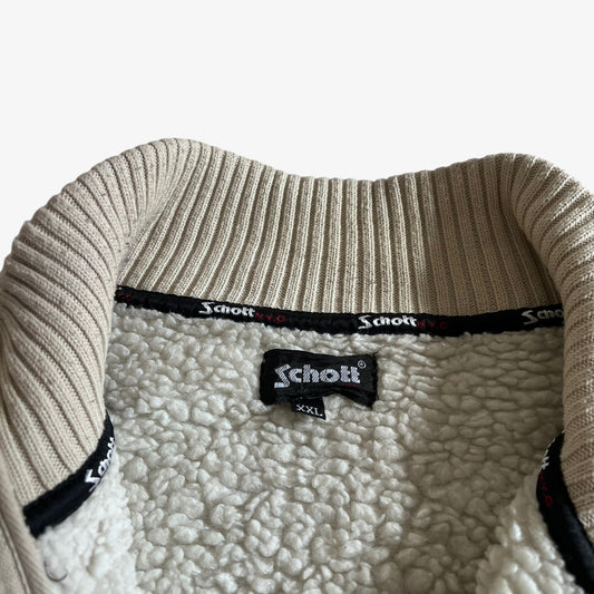 Vintage 90s Mens Schott NYC Beige Fleece Jacket With Sherpa Lining Label - Casspios Dream