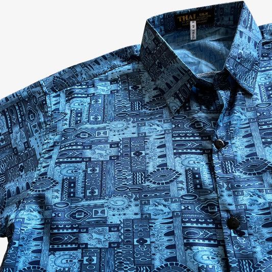 Vintage 90s Mens Siew Chang Huat Abstract Egyptian Print Short Sleeve Blue Silk Shirt Hieroglyph - Casspios Dream
