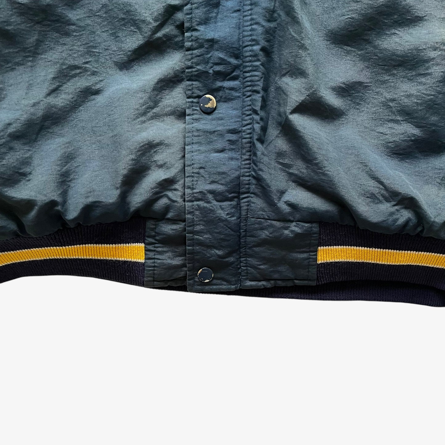 Vintage 90s Mens Starter University Of Notre Dame Faded Navy Hooded Jacket With Back Spell Out Hem - Casspios Dream