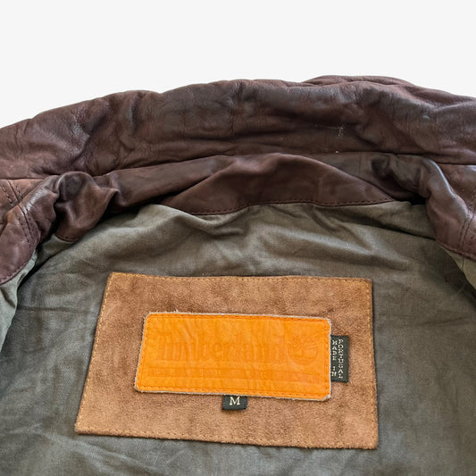 Vintage 90s Mens Timberland Brown Leather Hunting Jacket With Contrasting Leather Collar Label - Casspios Dream