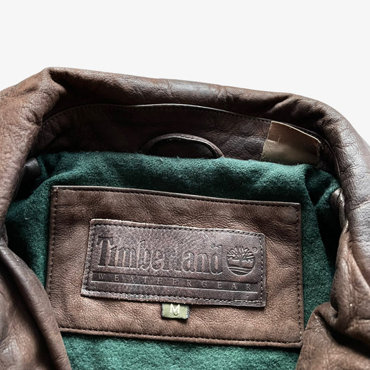 Vintage 90s Mens Timberland Dark Brown Leather Jacket Label - Casspios Dream