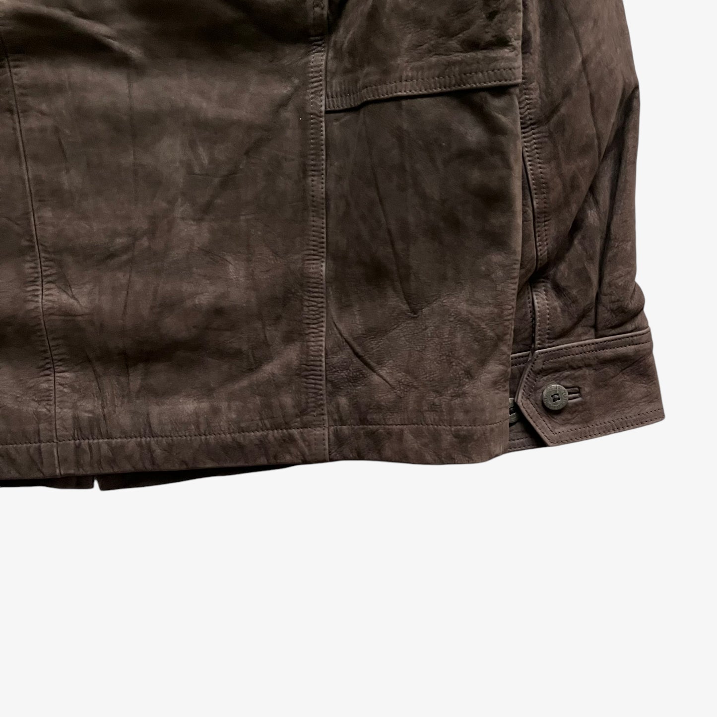 Vintage 90s Mens Timberland Lightly Faded Dark Brown Leather Jacket Hem - Casspios Dream