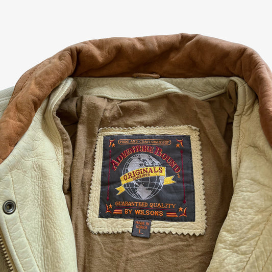 Vintage 90s Mens Wilsons Adventure Bound Cream Leather Jacket With Contrasting Brown Collar Label - Casspios Dream