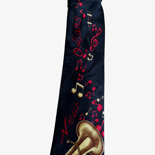 Vintage 90s New Orleans Jazz French Horn Print Black Polyester Tie Spell Out - Casspios Dream