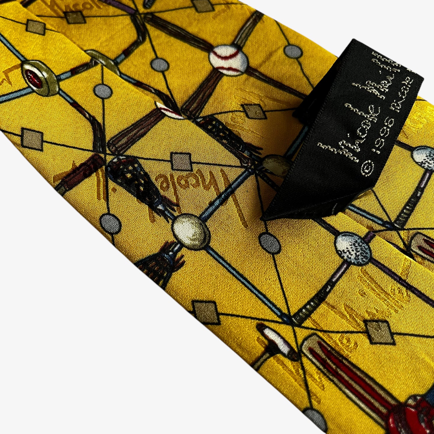 Vintage 90s Nicole Miller 1996 Sports Balls Geometric Print Yellow Silk Tie Loose - Casspios Dream