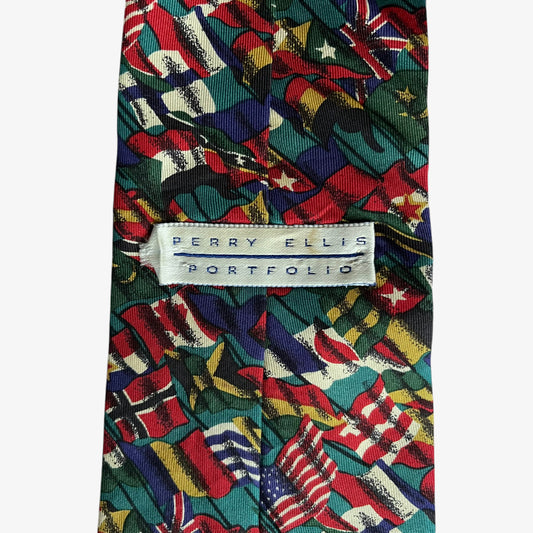 Vintage 90s Perry Ellis Portfolio World Flags Print Green Silk Tie Label - Casspios Dream