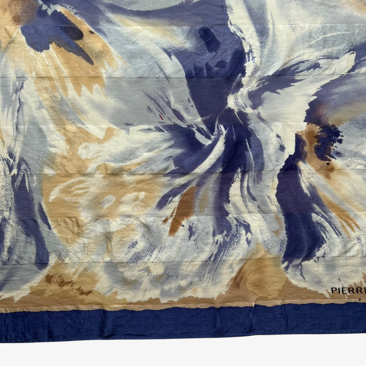Patina on women's vintage 90s Pierre Balmain Paris floral oil painting print yellow and blue silk scarf.