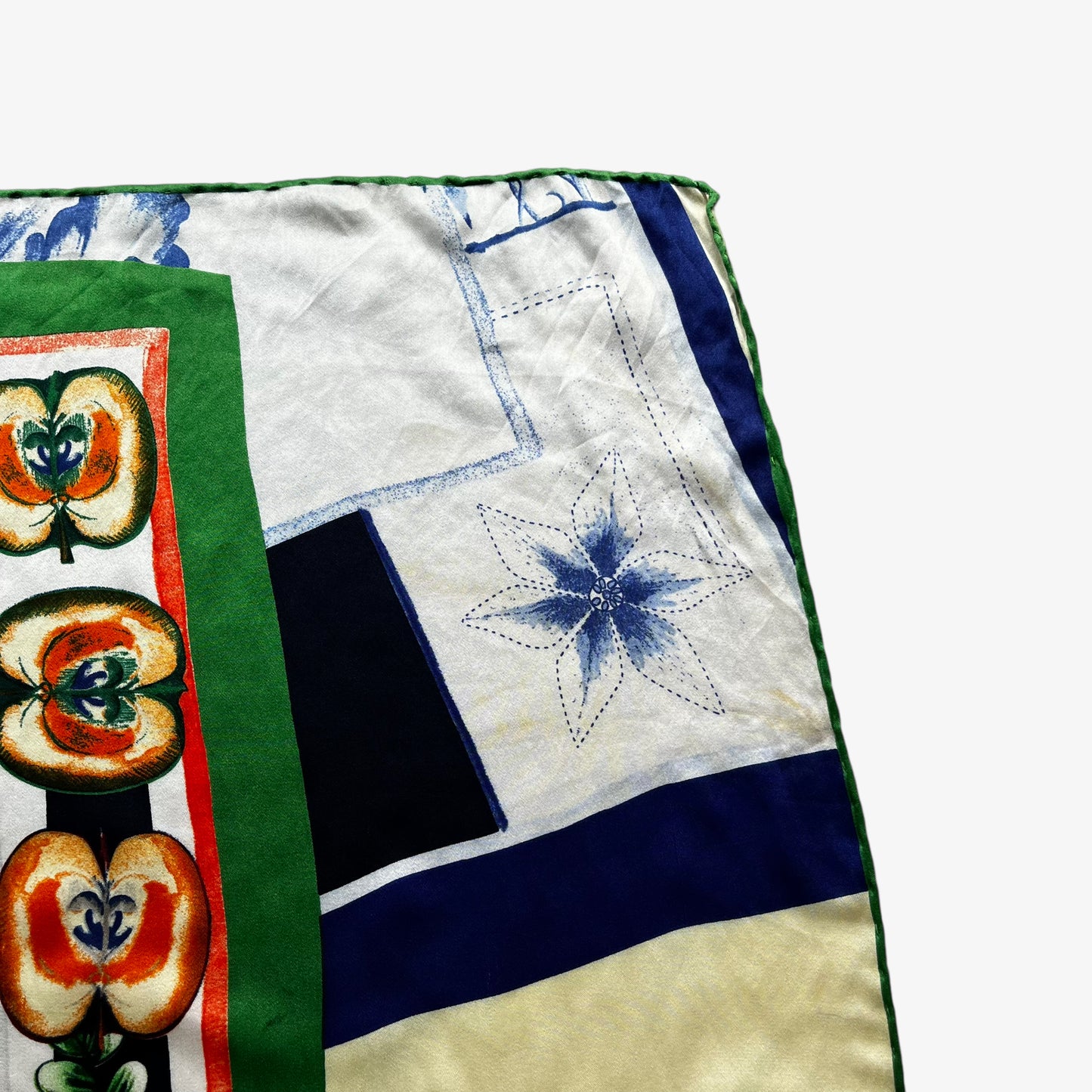 General wear of women's vintage 90s Pierre Cardin colourful floral and fruit print silk scarf.