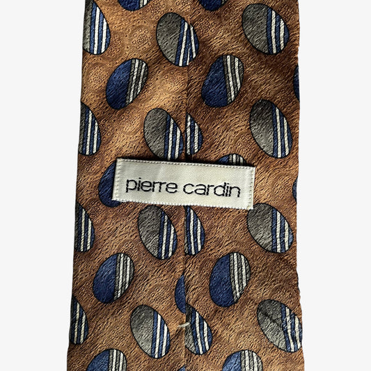 Vintage 90s Pierre Cardin Geometric Oval Print Brown Silk Tie Label - Casspios Dream