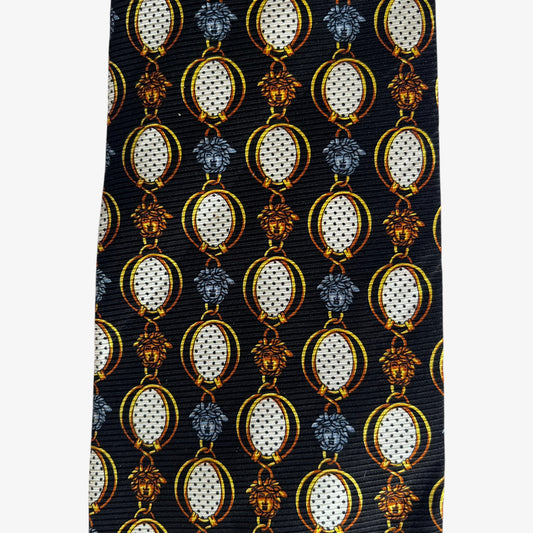 Vintage 90s Pierre Cardin Paris Medusa Head Print Black Silk Tie Versace - Casspios Dream