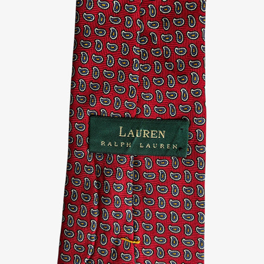 Vintage 90s Polo Ralph Lauren Geometric Paisley Print Red Silk Tie Label - Casspios Dream