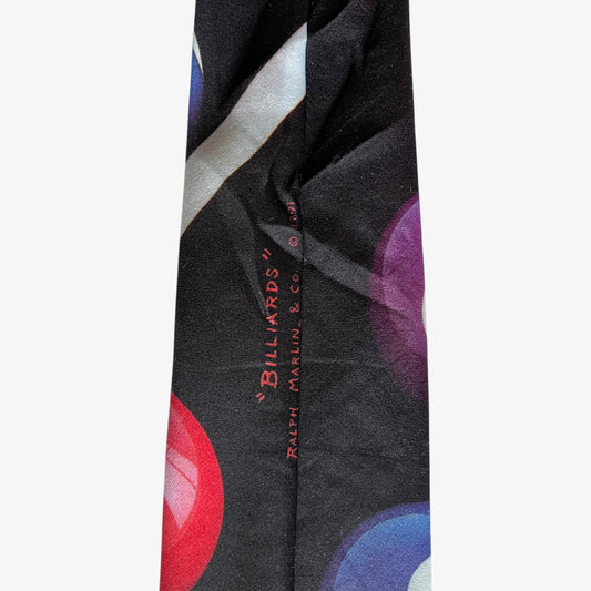 Vintage 90s Ralph Marlin 1991 Billiards Print Black Polyester Tie Date - Casspios Dream