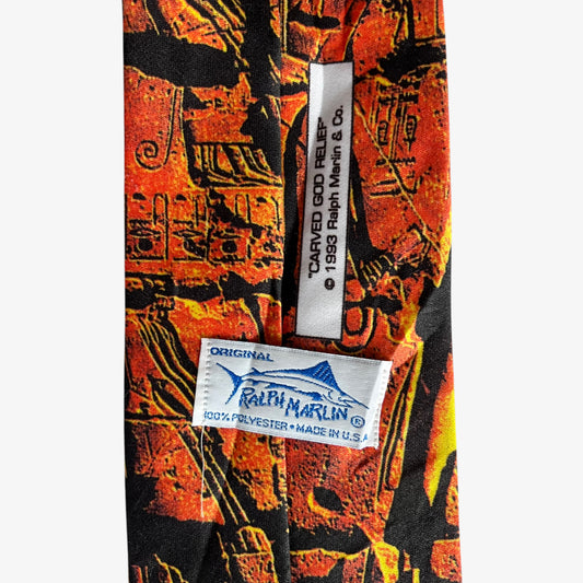 Vintage 90s Ralph Marlin 1993 Egyptian Hieroglyph Print Black Polyester Tie Label - Casspios Dream