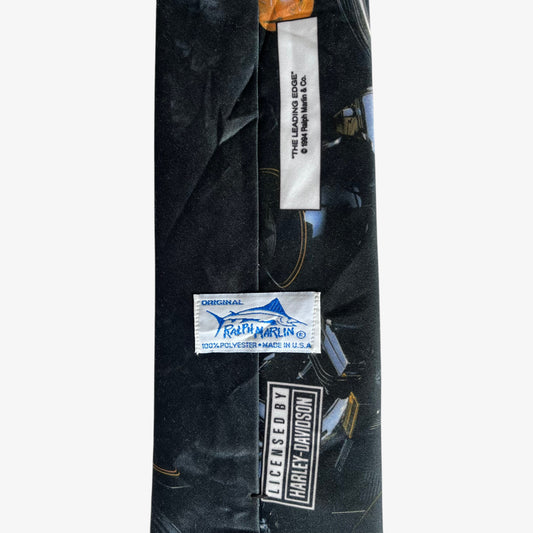Vintage 90s Ralph Marlin 1994 Harley Davidson Motorcycle Print Black Polyester Tie Label - Casspios Dream