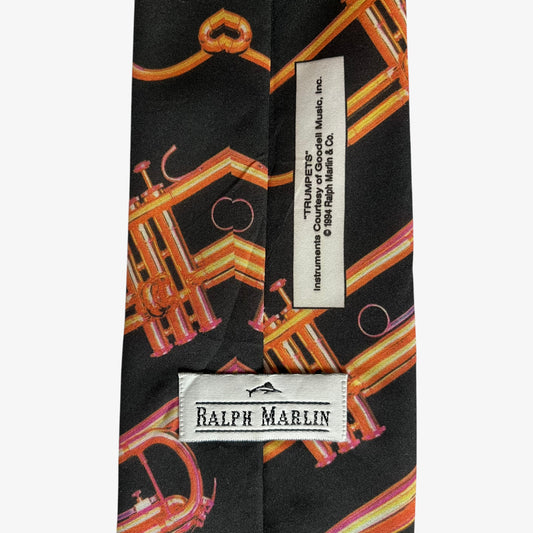 Vintage 90s Ralph Marlin 1994 Trumpet Print Black Polyester Tie Label - Casspios Dream