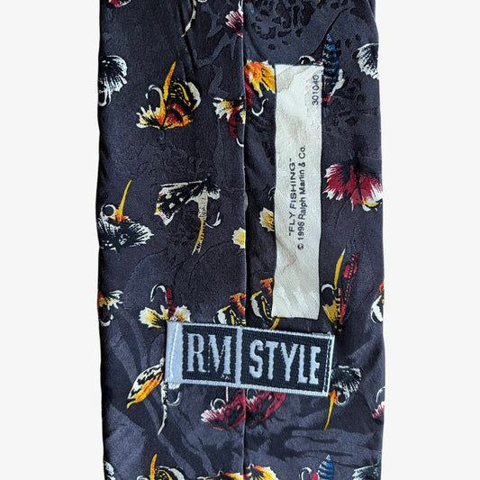 Vintage 90s Ralph Marlin 1996 Fly Fishing Geometric Print Grey Silk Tie Label - Casspios Dream