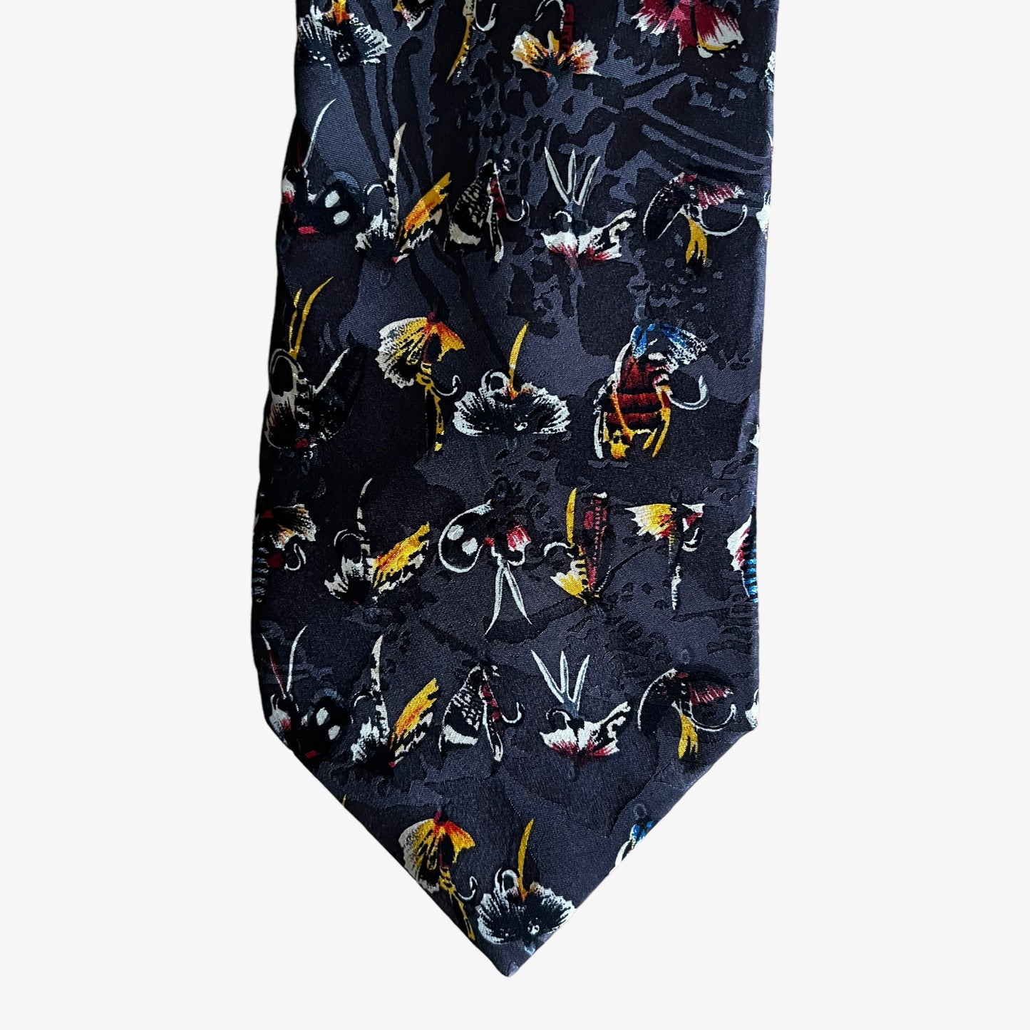 Vintage 90s Ralph Marlin 1996 Fly Fishing Geometric Print Grey Silk Tie RM Style - Casspios Dream