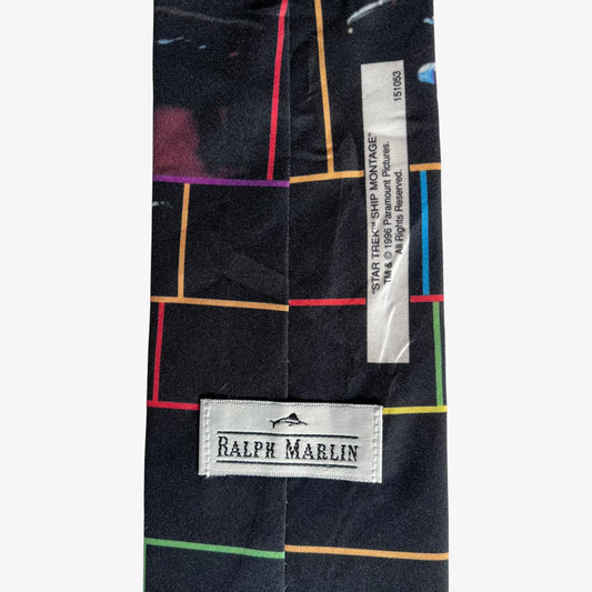 Vintage 90s Ralph Marlin 1996 Star Trek Ship Montage Print Black Polyester Tie Label - Casspios Dream