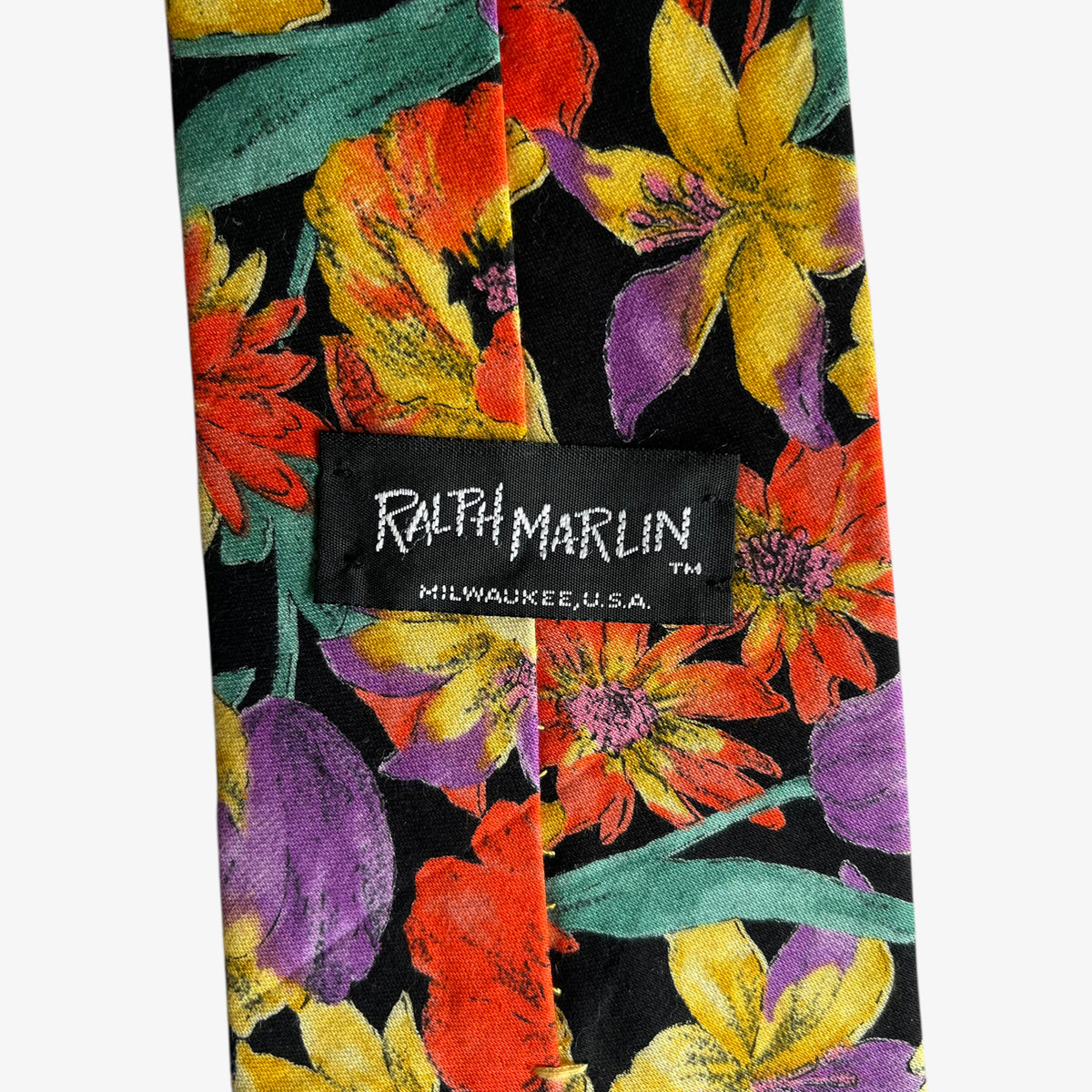 Vintage 90s Ralph Marlin Colourful Floral Print Black Tie Label - Casspios Dream