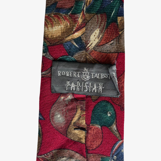 Vintage 90s Robert Talbott Duck Print Red Wool And Silk Blend Tie Label - Casspios Dream