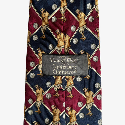 Vintage 90s Robert Talbott Golf Player Print Red And Blue Check Silk Tie Label - Casspios Dream