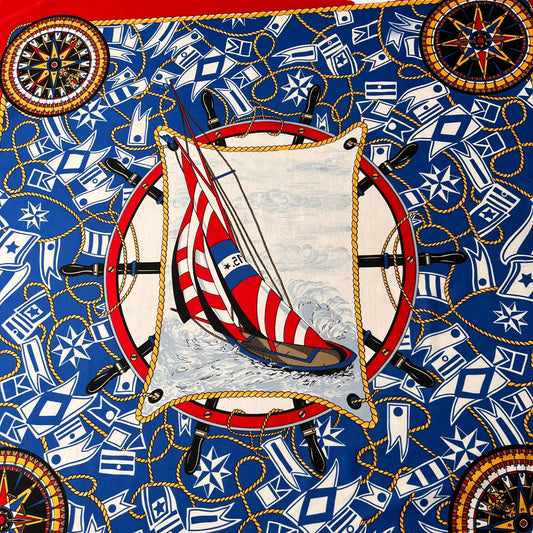 Vintage 90s Sailing Boat Nautical Print Blue And Red Polyester Scarf Yachting - Casspios Dream
