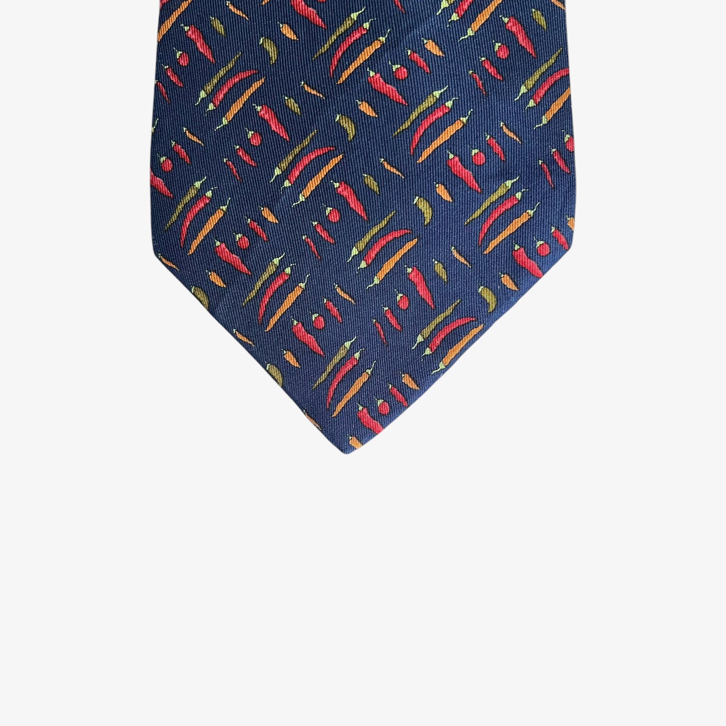 Vintage 90s Salvatore Ferragamo Chilli Pepper Geometric Print Blue Silk Tie Retro - Casspios Dream