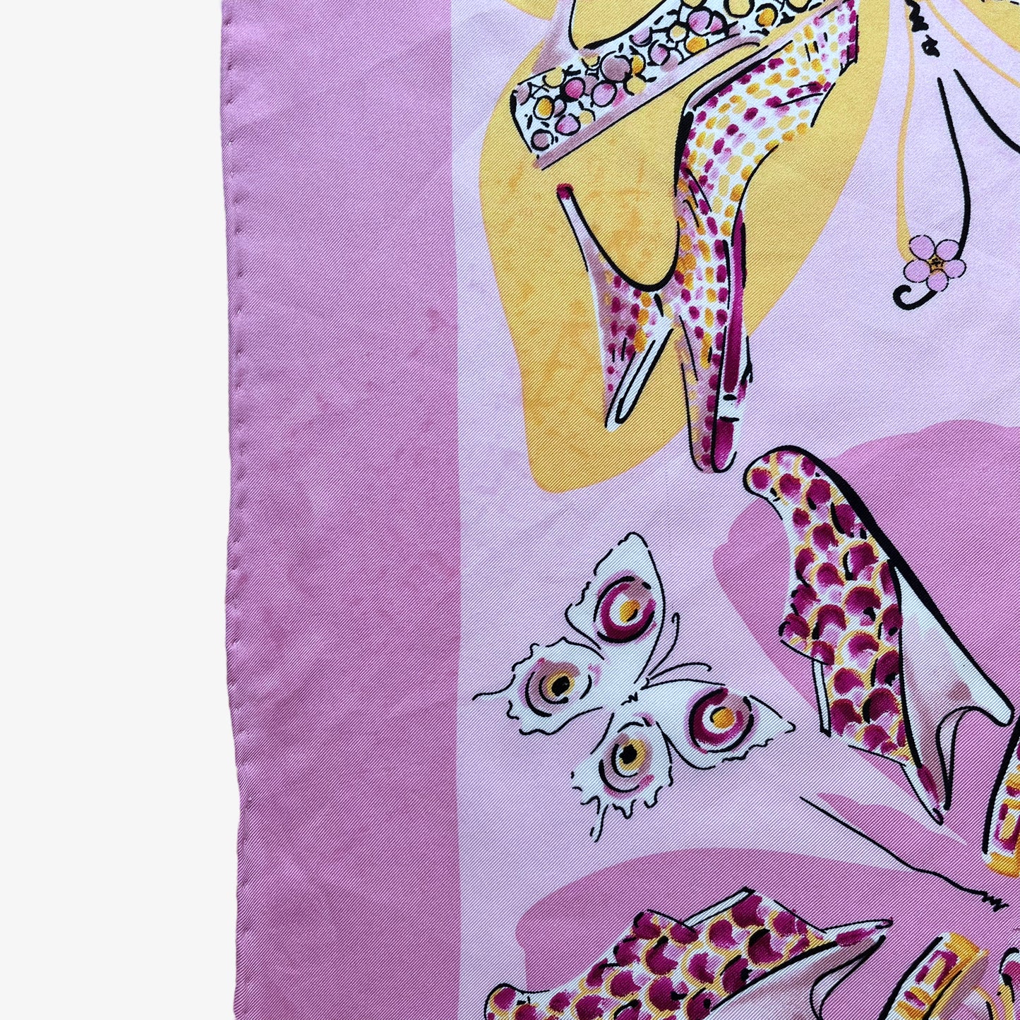 Patina on women's vintage 90s Salvatore Ferragamo high heel shoe butterfly print pink silk scarf.