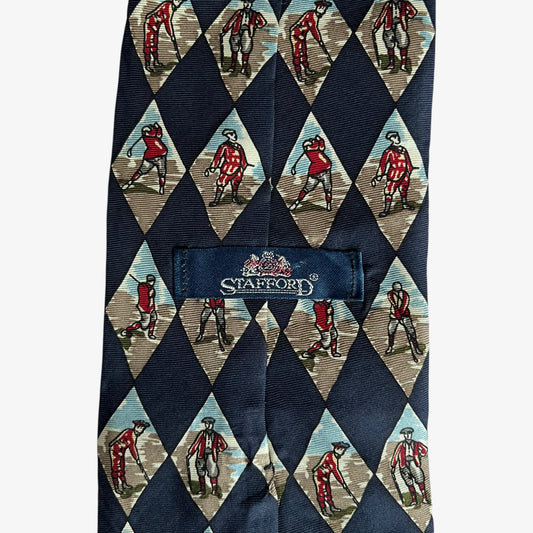 Vintage 90s Stafford Geometric Golf Player Print Silk Tie Label - Casspios Dream