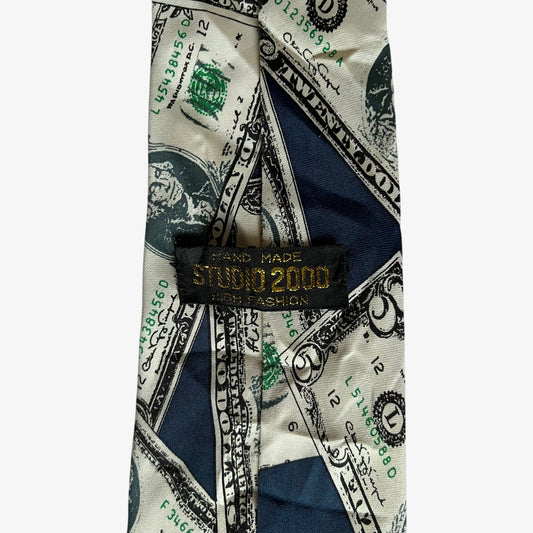 Vintage 90s Studio 2000 Dollar Note Print Navy Silk Tie Label - Casspios Dream