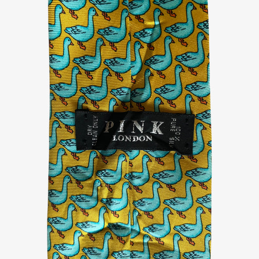 Vintage 90s Thomas Pink Geometric Blue Goose Print Yellow Silk Tie Label - Casspios Dream
