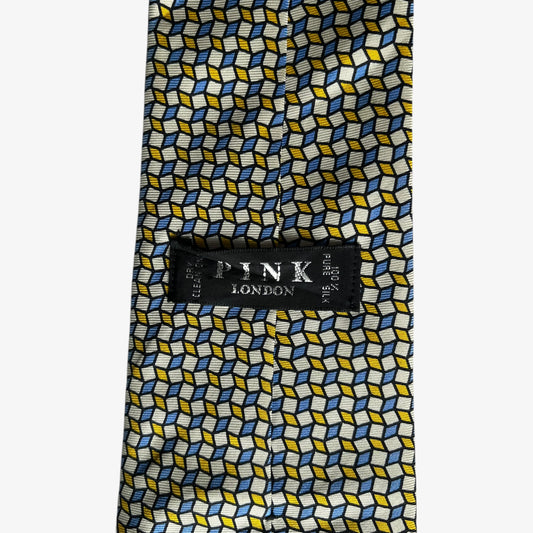 Vintage 90s Thomas Pink Yellow And Blue Abstract Square Print Silk Tie Label - Casspios Dream