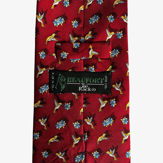 Vintage 90s Tie Rack Beaufort Geometric Bird And Floral Print Red Silk Tie Label - Casspios Dream