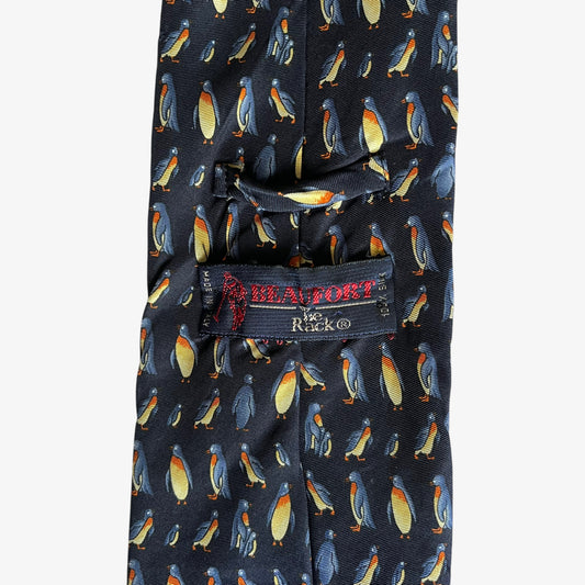 Vintage 90s Tie Rack Beaufort Geometric Emperor Penguin Print Navy Silk Tie Label - Casspios Dream