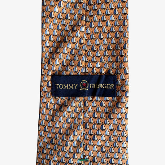 Vintage 90s Tommy Hilfiger Geometric Sailing Boat Print Orange Silk Tie Label - Casspios Dream