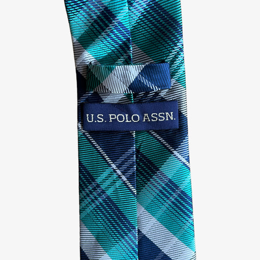 Vintage 90s U.S Polo Assn. Blue Tartan Print Polyester Tie Label - Casspios Dream