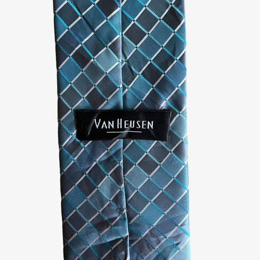 Vintage 90s Van Heusen Blue Check Polyester Tie Label - Casspios Dream