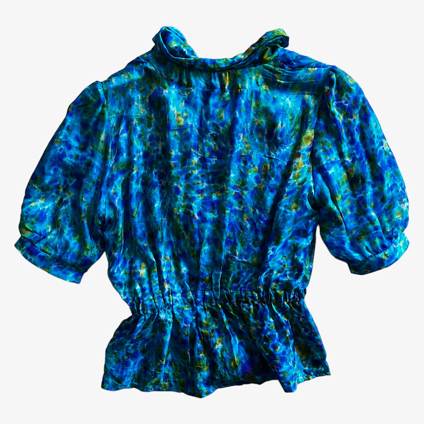 Vintage 90s Womens Abstract Sea Print Short Balloon Sleeve Blue & Green Silk Blouse Back - Casspios Dream