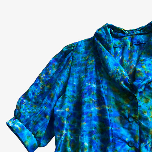 Vintage 90s Womens Abstract Sea Print Short Balloon Sleeve Blue & Green Silk Blouse Pattern - Casspios Dream