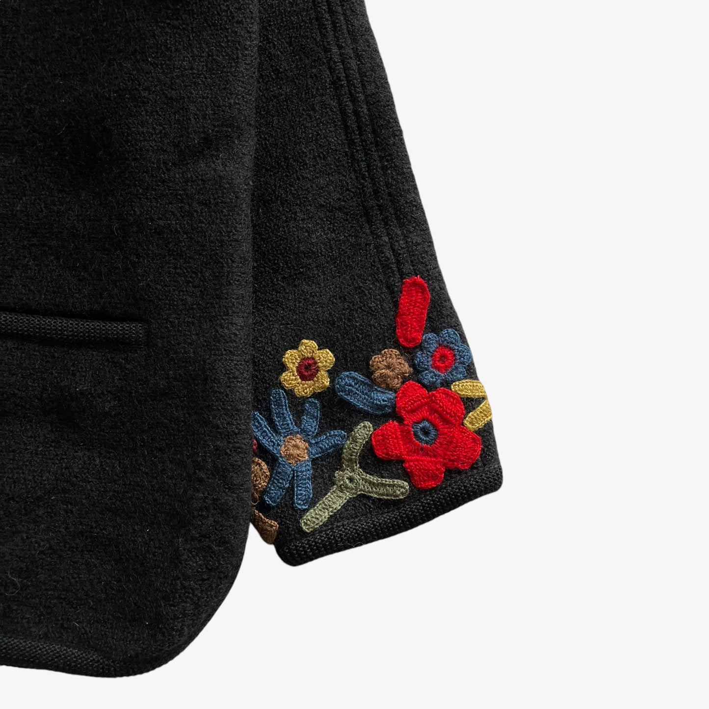 Vintage 90s Womens Bolero Black Jacket With Embroidered Colourful Floral Trim Cuff - Casspios Dream